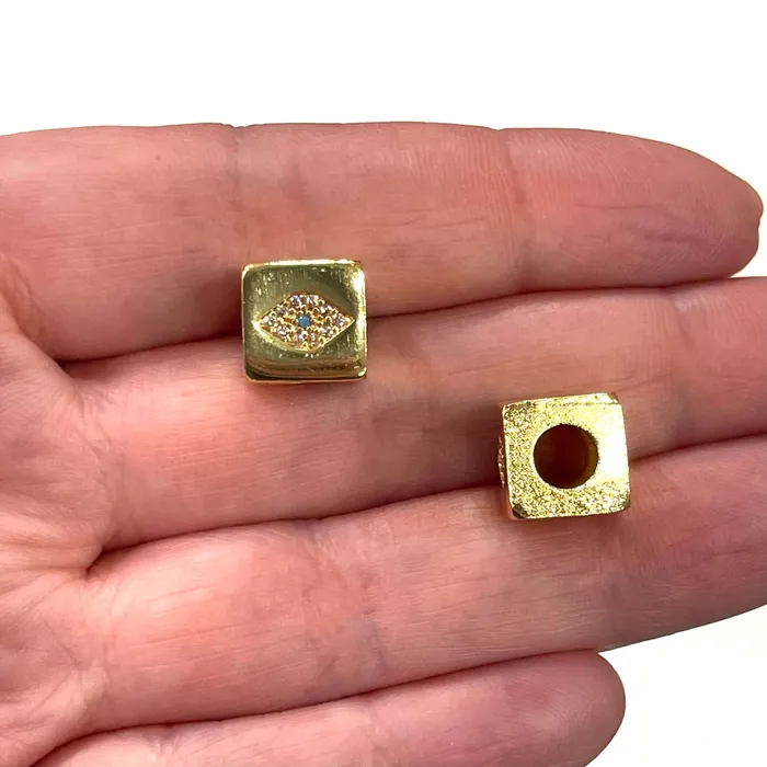 24Kt Gold Plated Brass 10mm Evil Eye 4 Sided Micro Pave Charm Large Hole Pandora Evil Eye Gold Spacer Peppy Beads Necklaces 24Kt Gold Plated Brass 10mm Evil Eye 4 Sided Micro Pave Charm Large Hole Pandora Evil Eye Gold Spacer Peppy Beads Necklaces