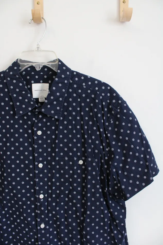 American Eagle Navy White Circle Patterned Button Down Shirt XL American Eagle Rings