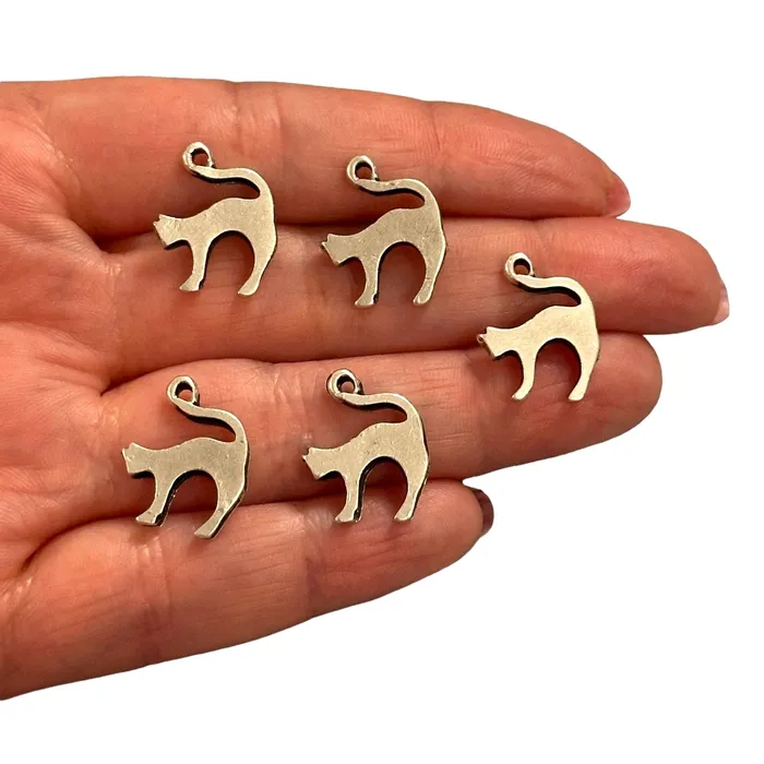 Antique Silver Plated Cat Charms Silver Cat Collection Charms 5 pcs in a pack Peppy Beads Necklaces