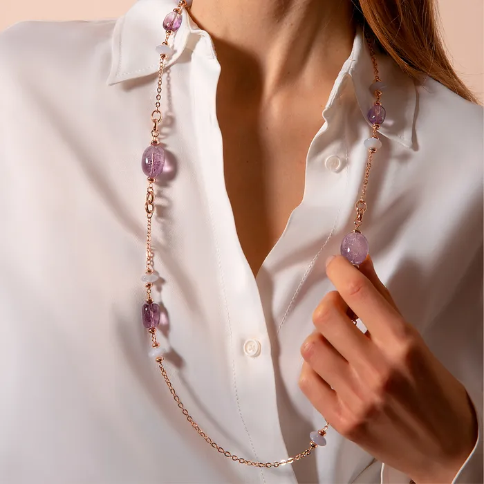 Bronzallure Earrings Collana Lunga Catena Rolo con Rondelle e Pietre Naturali