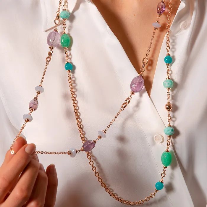 Bronzallure Earrings Collana Lunga Catena Rolo con Rondelle e Pietre Naturali