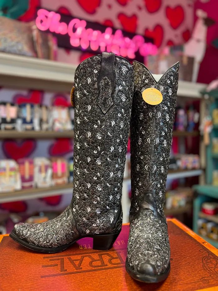 CORRAL Rings CORRAL WOMENS BLACK GLITTER OVERLAY EMBROIDERY TRIAD TALL TOP WESTERN BOOT C4049