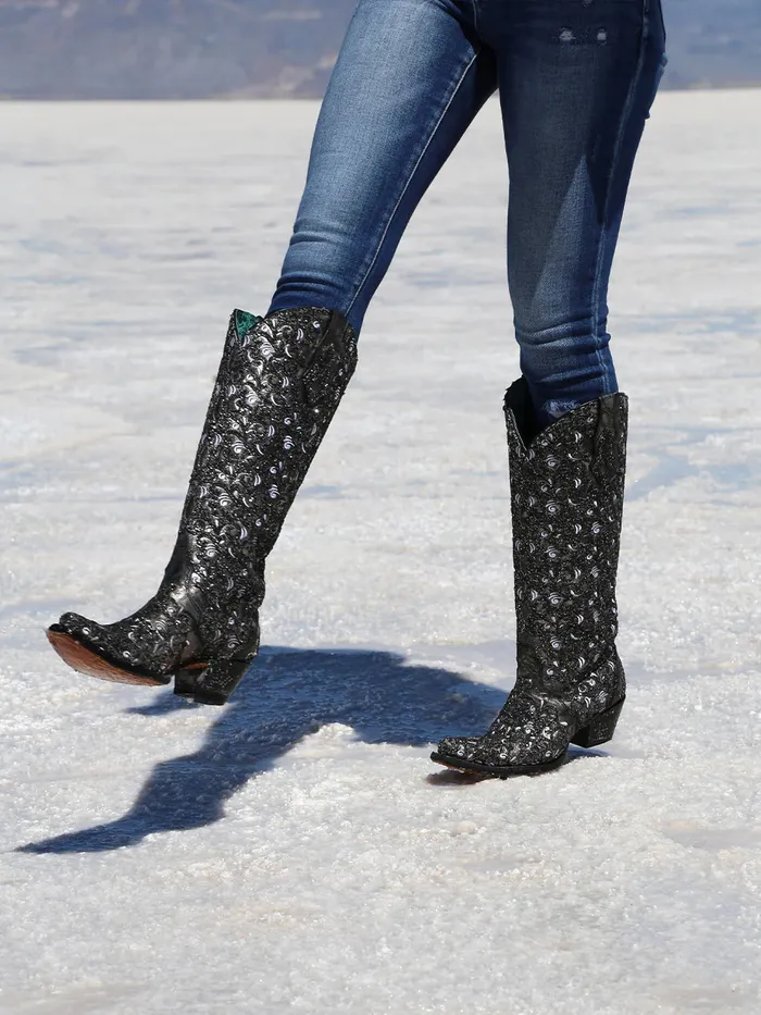 CORRAL Rings CORRAL WOMENS BLACK GLITTER OVERLAY EMBROIDERY TRIAD TALL TOP WESTERN BOOT C4049