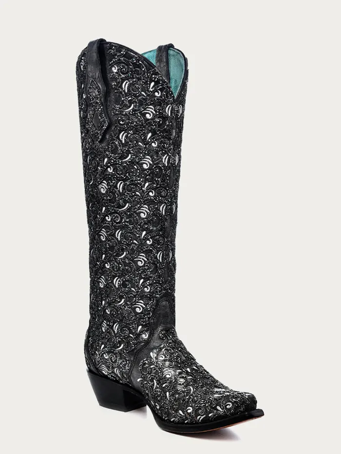 CORRAL Rings CORRAL WOMENS BLACK GLITTER OVERLAY EMBROIDERY TRIAD TALL TOP WESTERN BOOT C4049
