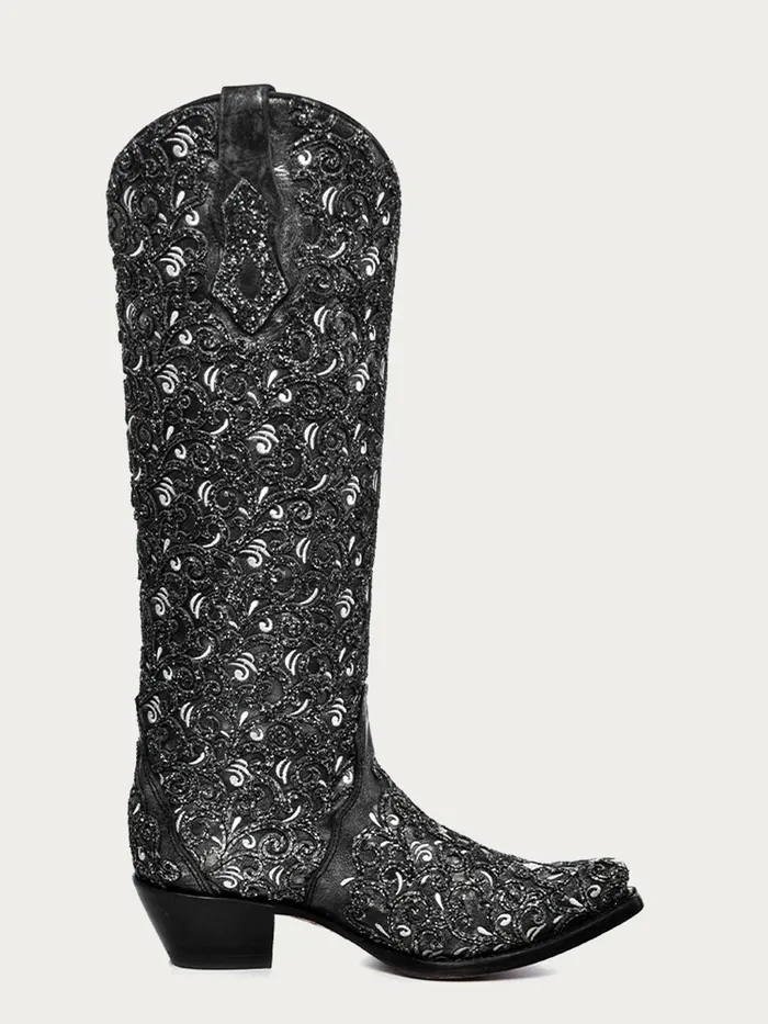 CORRAL Rings CORRAL WOMENS BLACK GLITTER OVERLAY EMBROIDERY TRIAD TALL TOP WESTERN BOOT C4049