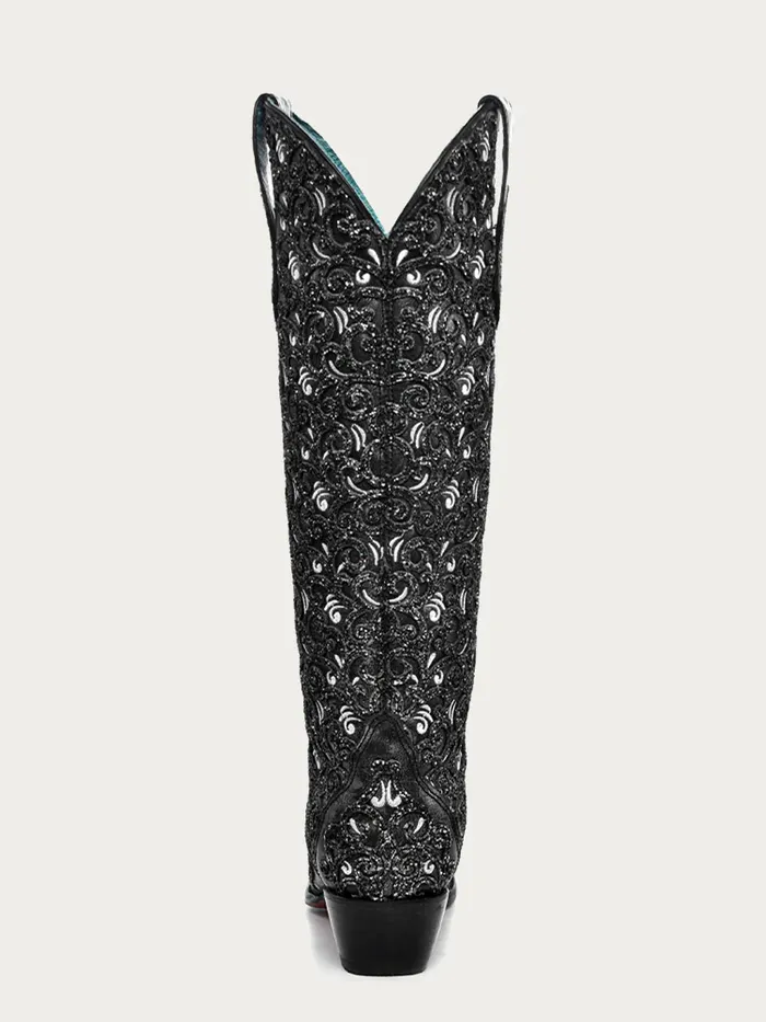 CORRAL Rings CORRAL WOMENS BLACK GLITTER OVERLAY EMBROIDERY TRIAD TALL TOP WESTERN BOOT C4049