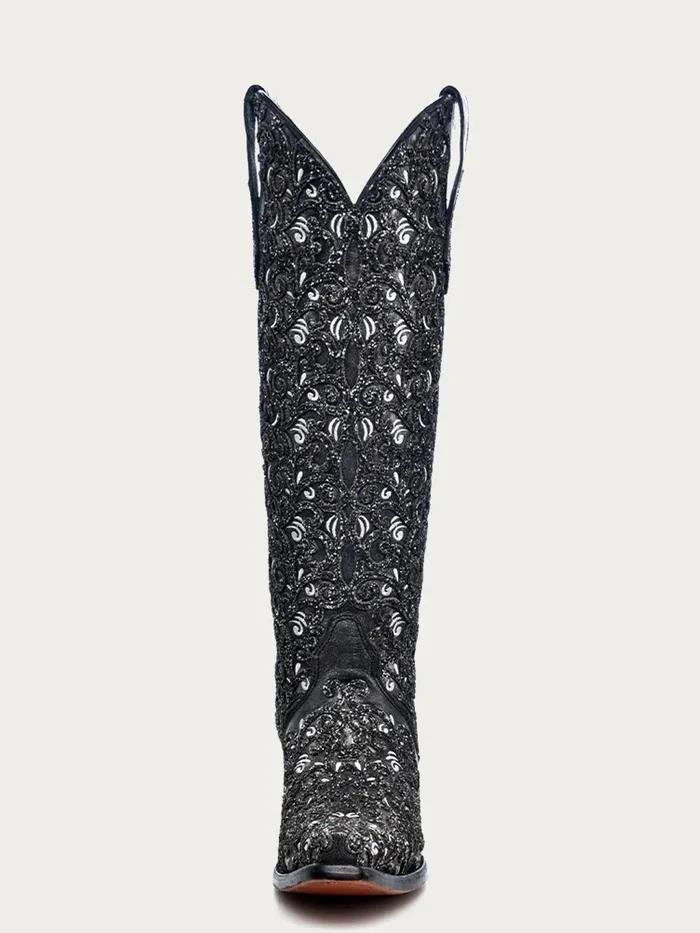 CORRAL Rings CORRAL WOMENS BLACK GLITTER OVERLAY EMBROIDERY TRIAD TALL TOP WESTERN BOOT C4049
