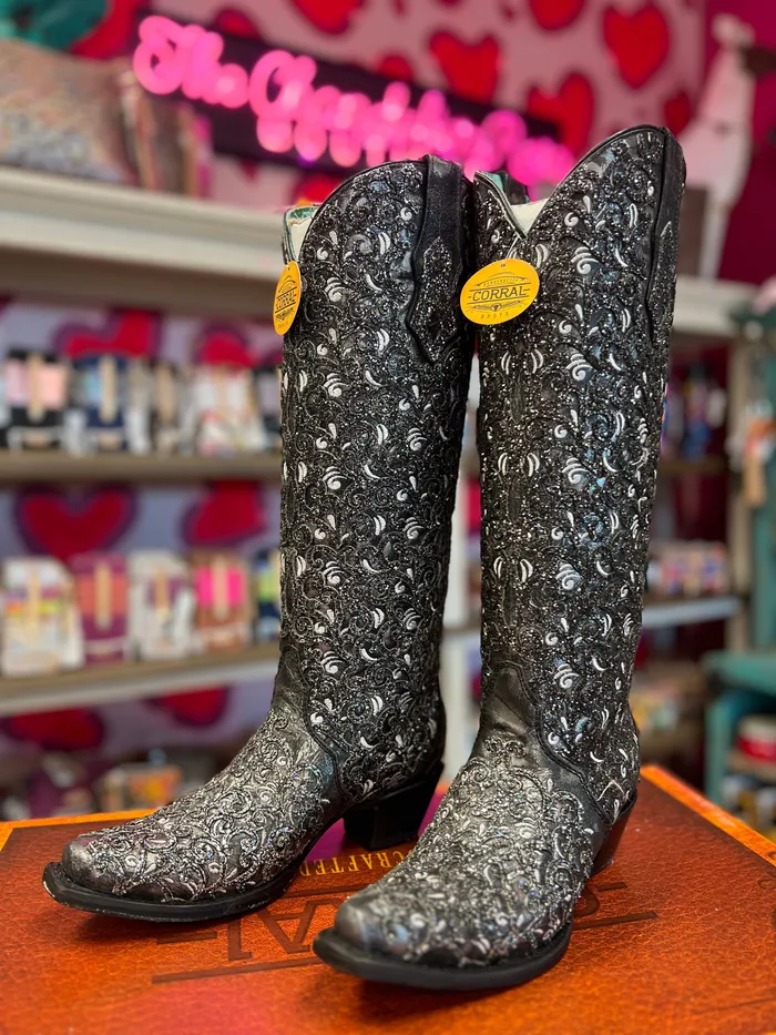 CORRAL Rings CORRAL WOMENS BLACK GLITTER OVERLAY EMBROIDERY TRIAD TALL TOP WESTERN BOOT C4049