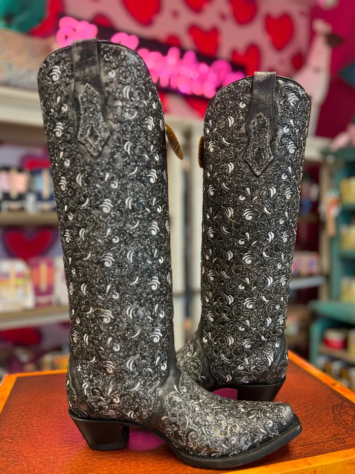 CORRAL Rings CORRAL WOMENS BLACK GLITTER OVERLAY EMBROIDERY TRIAD TALL TOP WESTERN BOOT C4049