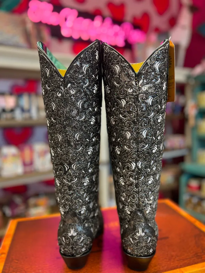 CORRAL Rings CORRAL WOMENS BLACK GLITTER OVERLAY EMBROIDERY TRIAD TALL TOP WESTERN BOOT C4049