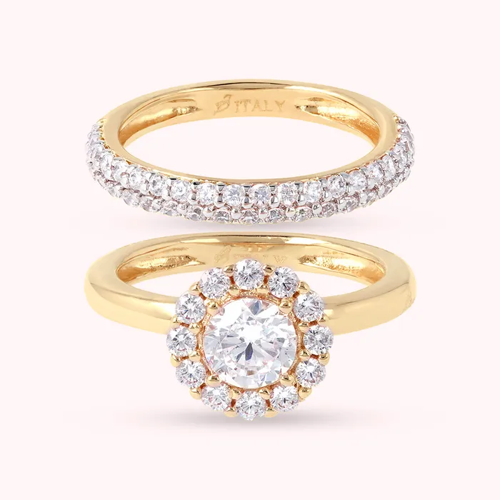 Earrings Bronzallure Set di Anelli Golden con Fedina e Fiore in Cubic Zirconia