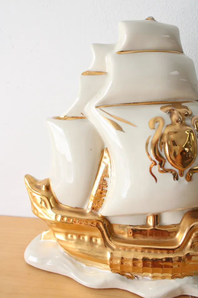 Earrings Jubilee Thrift Vintage Schooner Mid Century Ceramic Gold Painted Sail Boat