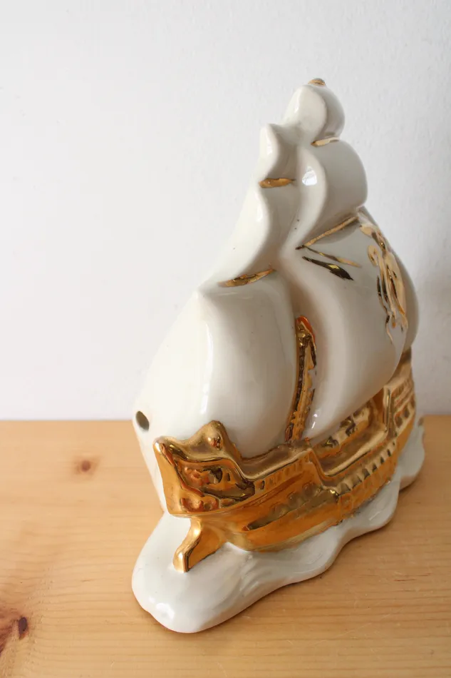 Earrings Jubilee Thrift Vintage Schooner Mid Century Ceramic Gold Painted Sail Boat