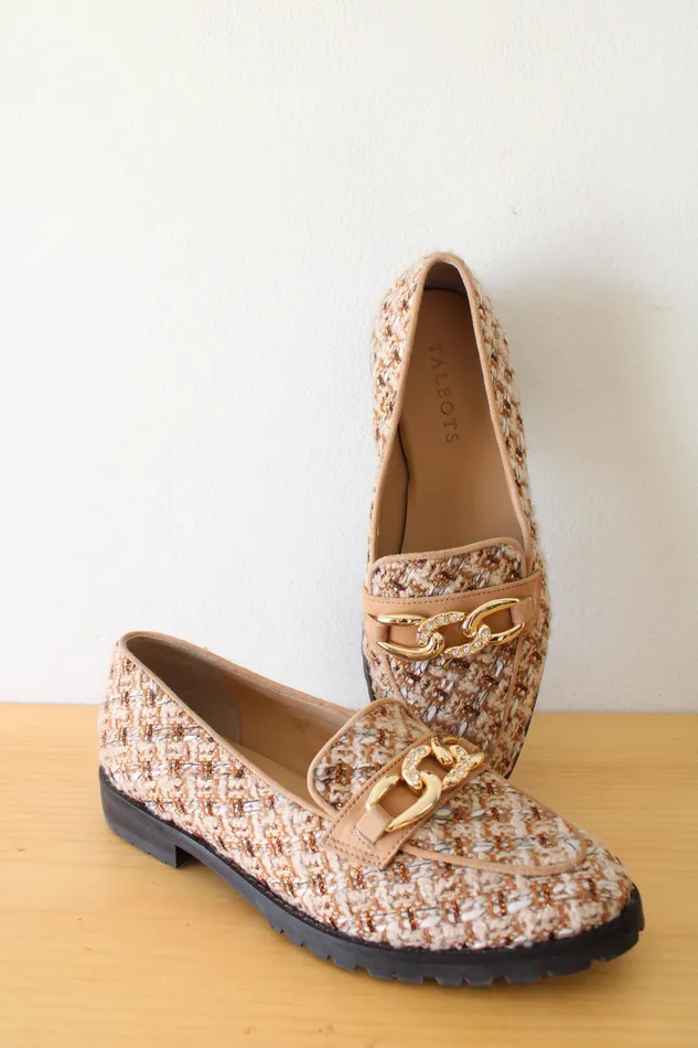 Earrings Talbots Leighton Chain Metallic Boucle Loafers in Cafe Ivory Gold Talbots