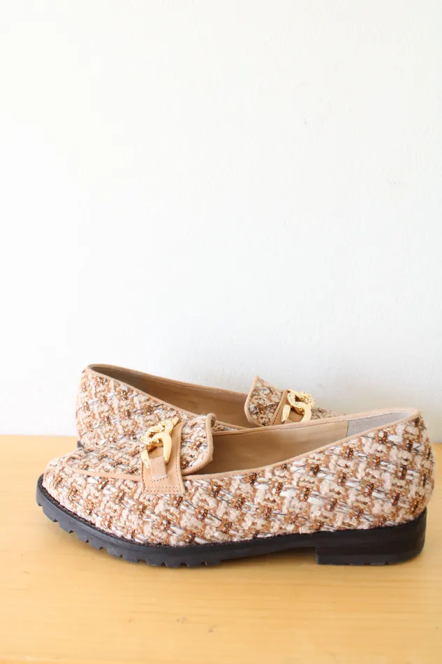 Earrings Talbots Leighton Chain Metallic Boucle Loafers in Cafe Ivory Gold Talbots