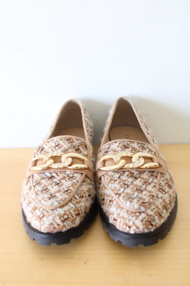 Earrings Talbots Leighton Chain Metallic Boucle Loafers in Cafe Ivory Gold Talbots