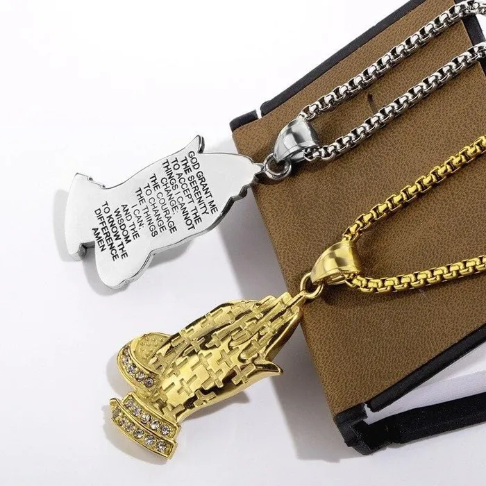 Mens Christian Necklace br Hands Joined Serenity Prayer Lords Guidance Necklaces