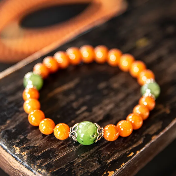 Necklaces Drukomalas Stretchy Wrist Orange Aventurine with Burmese Jade Mala