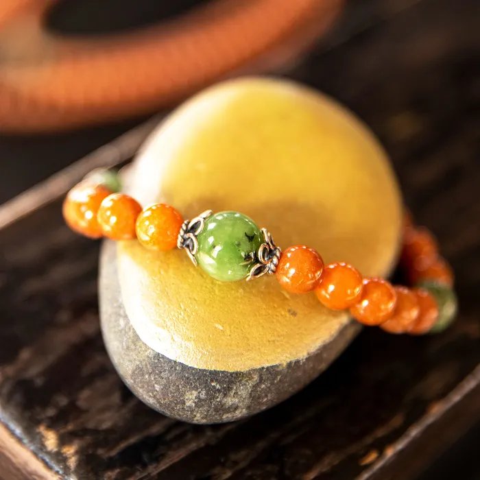 Necklaces Drukomalas Stretchy Wrist Orange Aventurine with Burmese Jade Mala