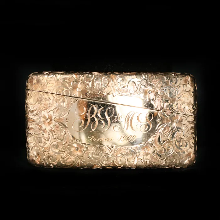 OTC Necklaces Edwardian 14K Yellow Gold Engraved Card Case Circa 1909