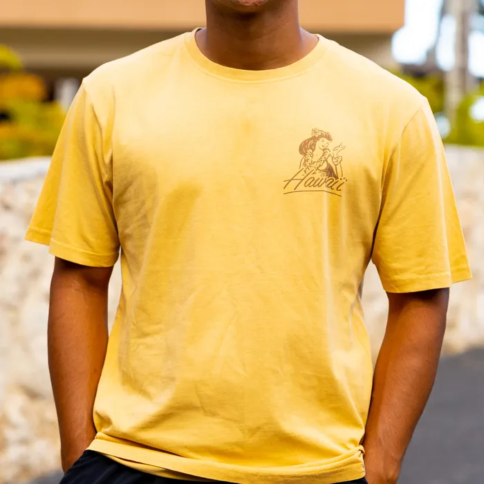 Pacific Creations Hula Girl Mens Tee Shirt Mustard TANKSTREAM Rings