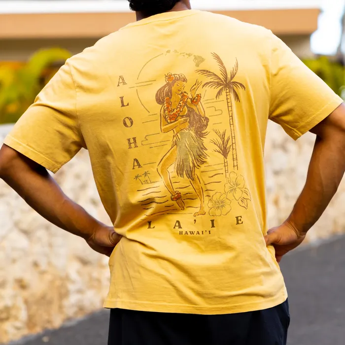 Pacific Creations Hula Girl Mens Tee Shirt Mustard TANKSTREAM Rings