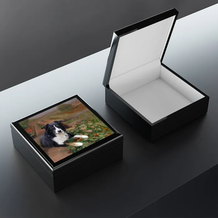 Portraits by NC Earrings Jewelry Keepsake Box Border Collie Dog Lacquer Wood Box