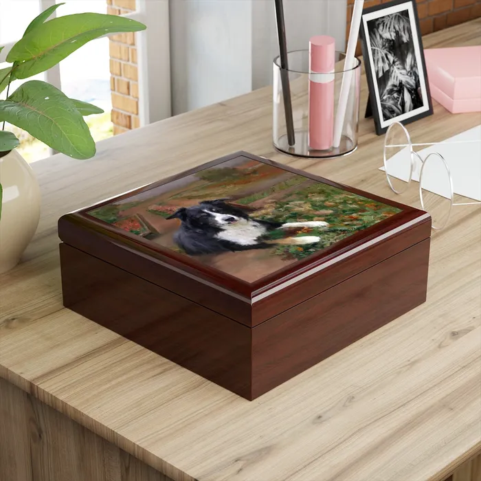 Portraits by NC Earrings Jewelry Keepsake Box Border Collie Dog Lacquer Wood Box