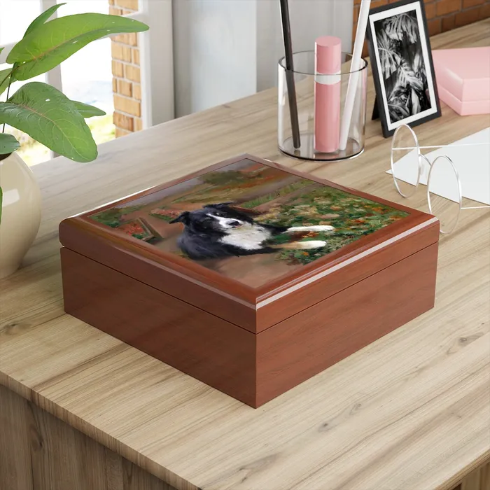 Portraits by NC Earrings Jewelry Keepsake Box Border Collie Dog Lacquer Wood Box