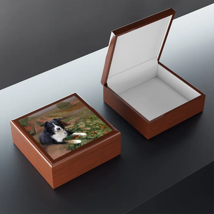 Portraits by NC Earrings Jewelry Keepsake Box Border Collie Dog Lacquer Wood Box