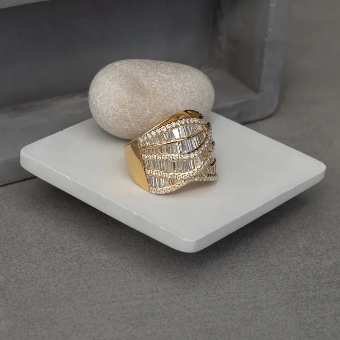 RACHEL LYNN CHICAGO Rings Yellow Gold Diamond Baguette Wave Ring