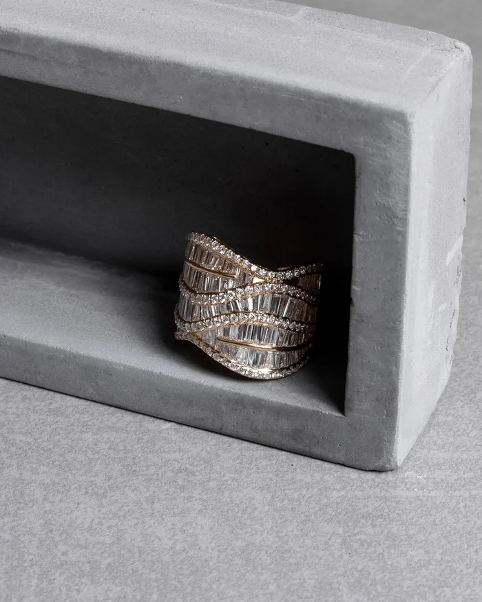 RACHEL LYNN CHICAGO Rings Yellow Gold Diamond Baguette Wave Ring