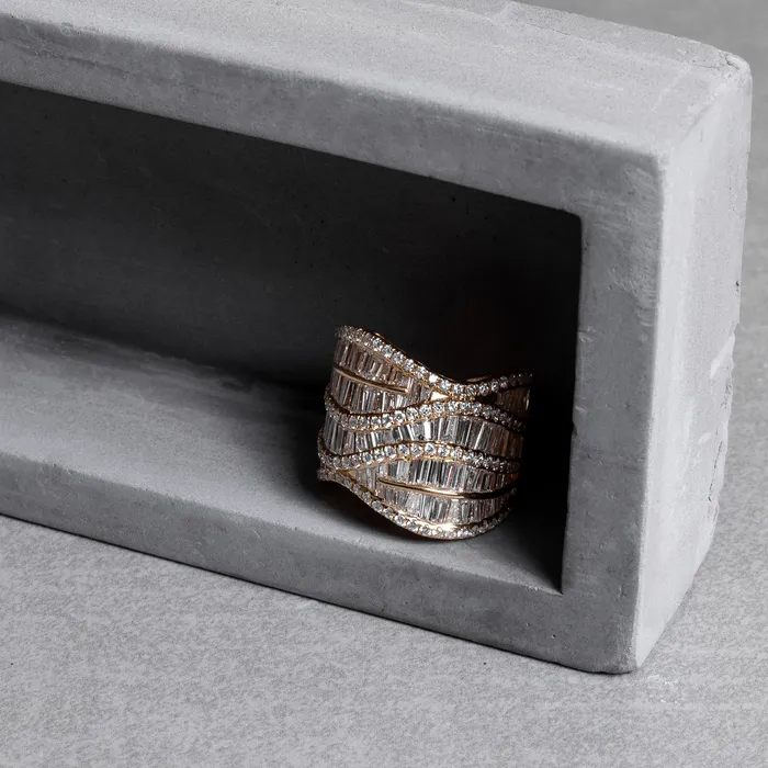 RACHEL LYNN CHICAGO Rings Yellow Gold Diamond Baguette Wave Ring