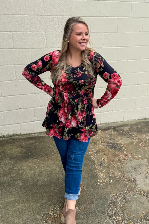 Rings BE Stage Dark Garden Floral Babydoll Top