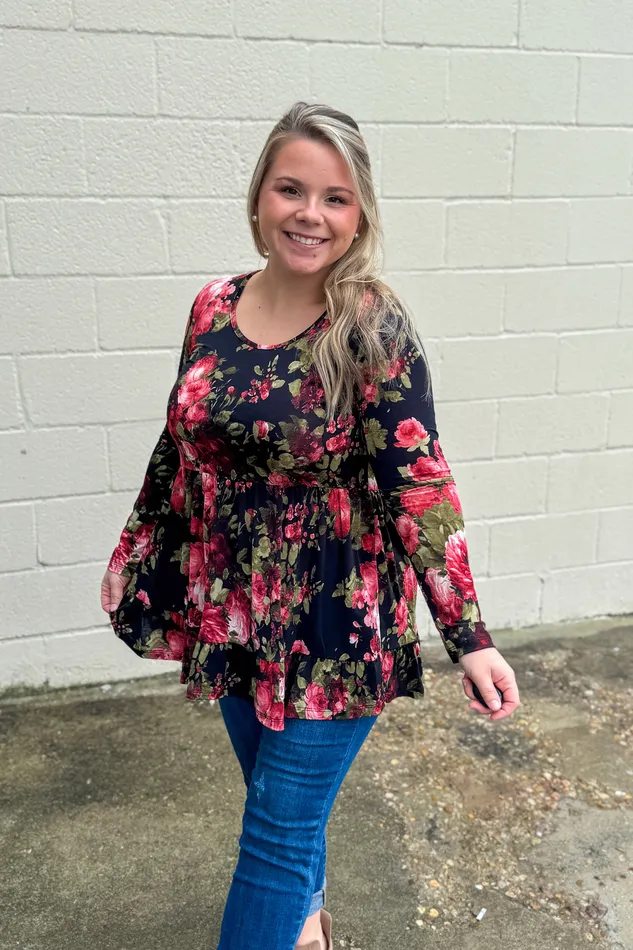 Rings BE Stage Dark Garden Floral Babydoll Top