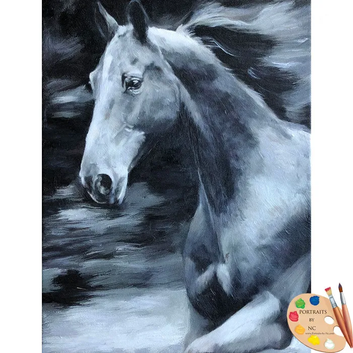 Rings Portraits by NC Horse Portraits Oil Portrait in Black and White