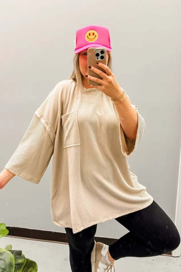 Stylive Earrings Marcy Oversized Ribbed Tunic Top Taupe