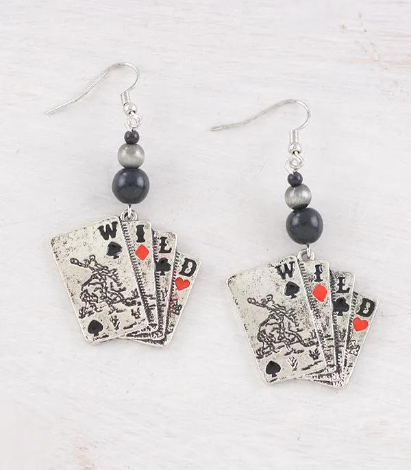 YKT Earrings Western Cowboy Ace Card Black Bead Earrings