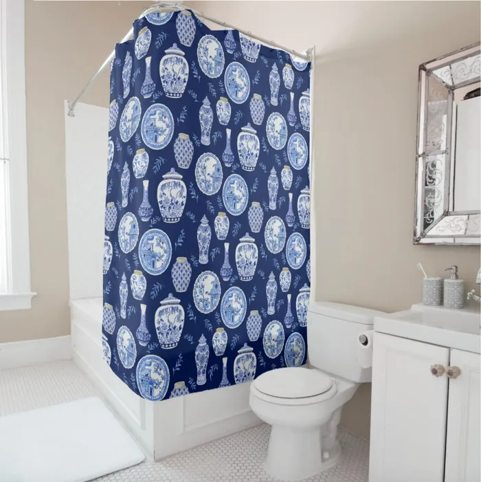 ZAZZLE Rings Navy n White Floral Ginger Jar Asian Vintage Decor Shower Curtain