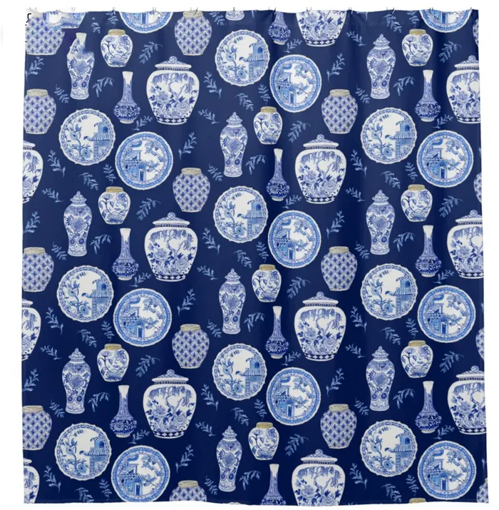 ZAZZLE Rings Navy n White Floral Ginger Jar Asian Vintage Decor Shower Curtain