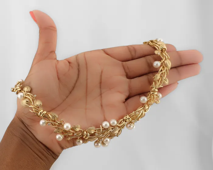 1970s Akoya Pearl Diamond Gold Necklace Isadoras C Necklaces