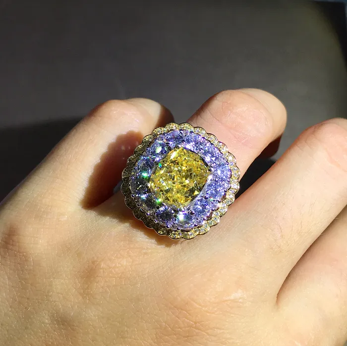 6 Carat Cushion Cut Moissanite Ring Vivid Yellow VVS Twotone Triple Halo Leyloon Jewelry Rings