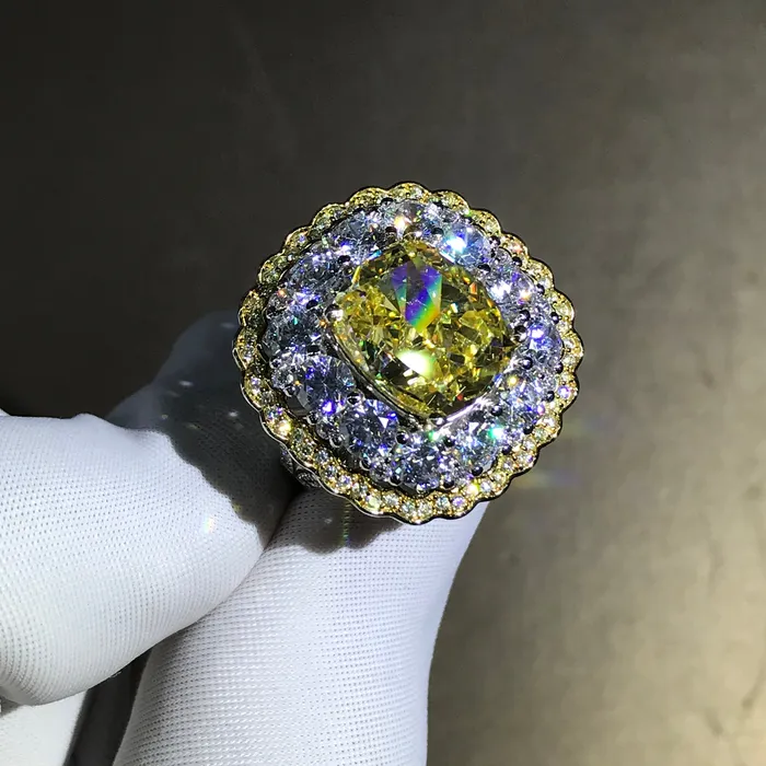 6 Carat Cushion Cut Moissanite Ring Vivid Yellow VVS Twotone Triple Halo Leyloon Jewelry Rings