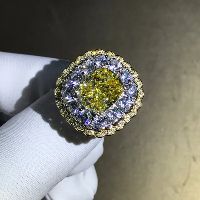 6 Carat Cushion Cut Moissanite Ring Vivid Yellow VVS Twotone Triple Halo Leyloon Jewelry Rings