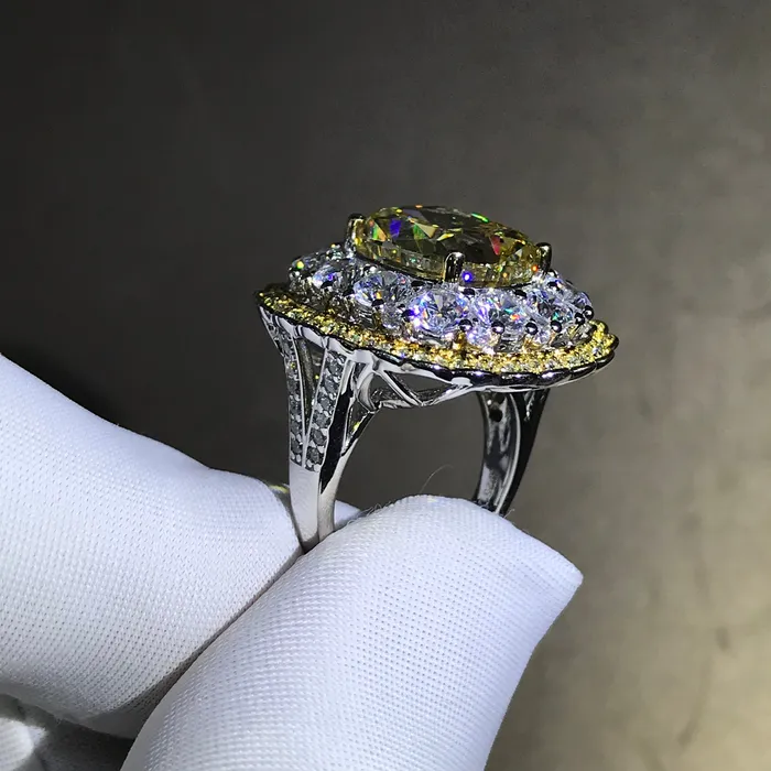 6 Carat Cushion Cut Moissanite Ring Vivid Yellow VVS Twotone Triple Halo Leyloon Jewelry Rings