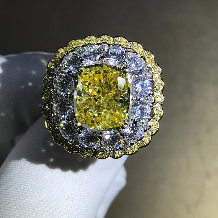 6 Carat Cushion Cut Moissanite Ring Vivid Yellow VVS Twotone Triple Halo Leyloon Jewelry Rings