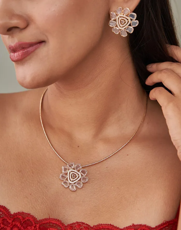 Attrangi Earrings Bella Pendant Set in Rose Cut Diamonds