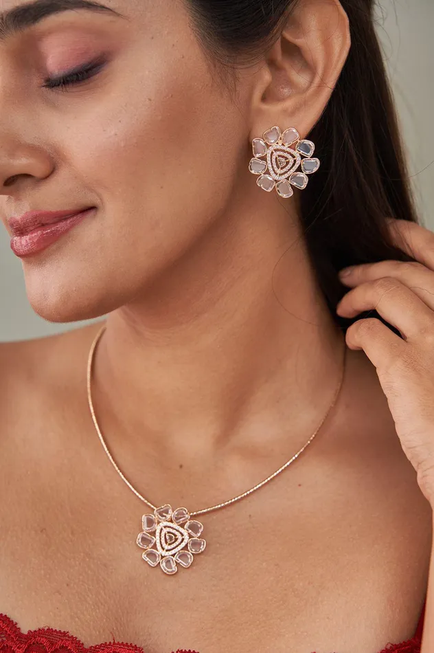 Attrangi Earrings Bella Pendant Set in Rose Cut Diamonds