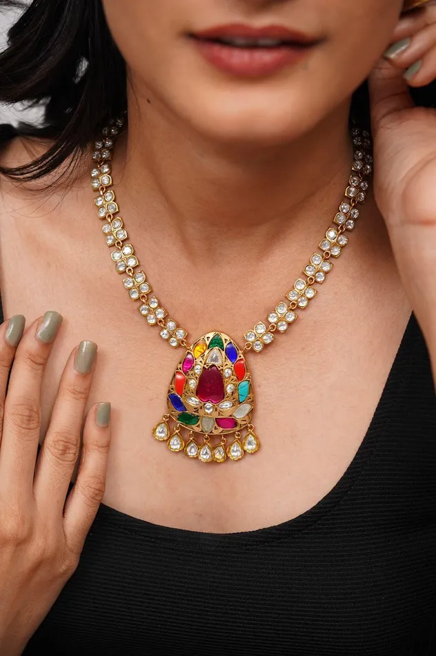 attrangi Necklaces Pavani Navratna Pendant Polki Necklace Set