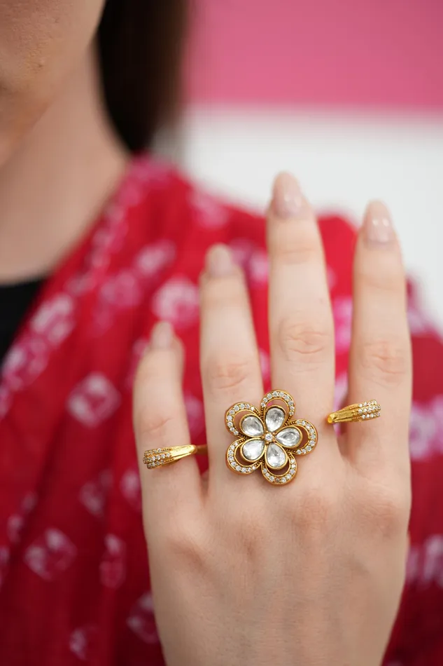 Attrangi Rings Atika Phool Dramatic 3 Finger Polki Ring